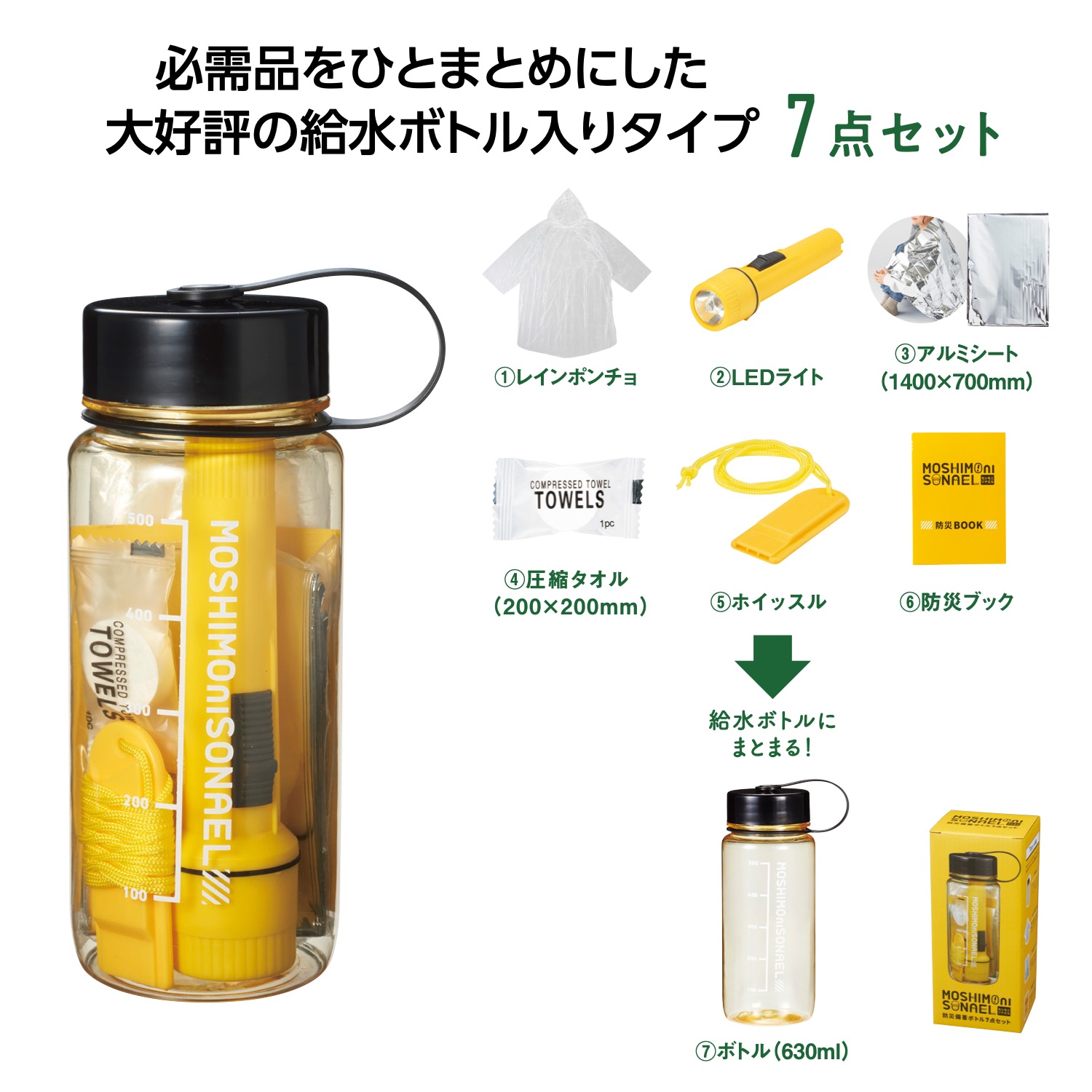 モシモニソナエル 防災備蓄ボトル7点セットイメージ